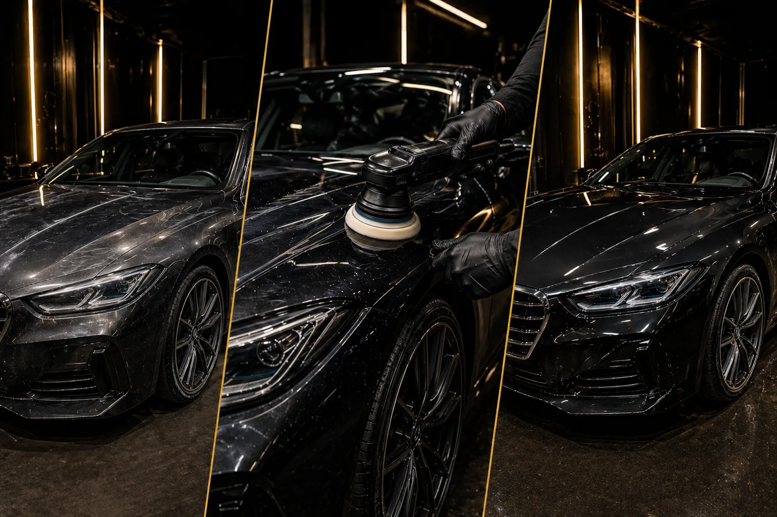 Three-panel collage showing a dark sedan before correction, during machine polishing, and after a glossy finish